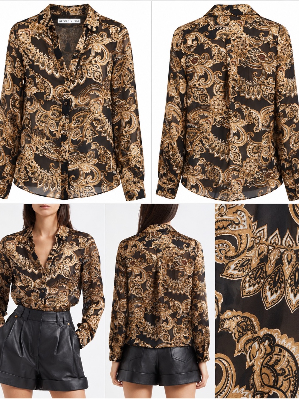 Alice + Olivia Black and Gold Paisley Satin Button-Down Shirt